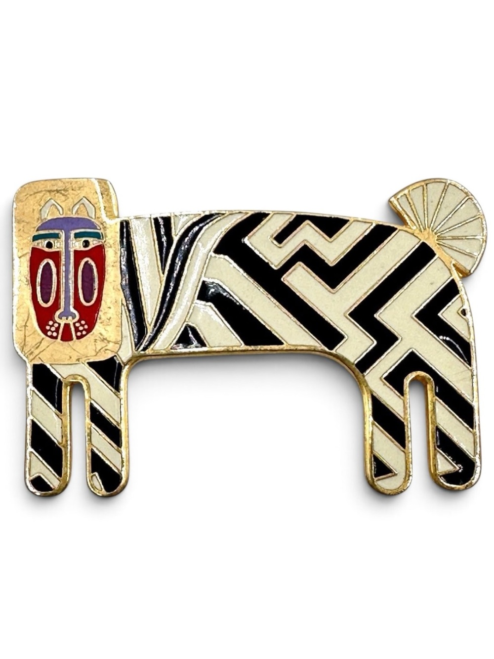 Vintage 80s Laurel Burch Zzzebra Zebra Lion Enamel Black, White & Gold Brooch